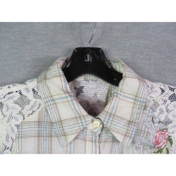Johnny Was Shirt  XS Plaid Lace Floral‎ Trim Chic Cottage Core Boho Embroidered - Picture 9 of 16